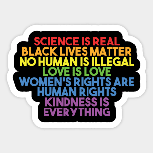 Black Lives Matter, Women's Rights, No Human Is Illegal, Science is Real, Love Is Love, News Isn't Fake, Kindness is everything Sticker